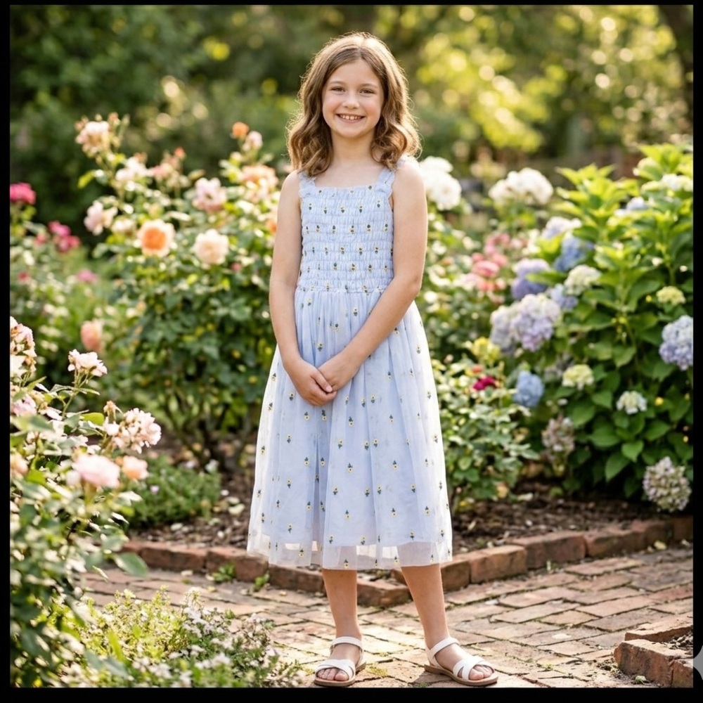 Zara White and Blue Smocked Sundress Sleeveless